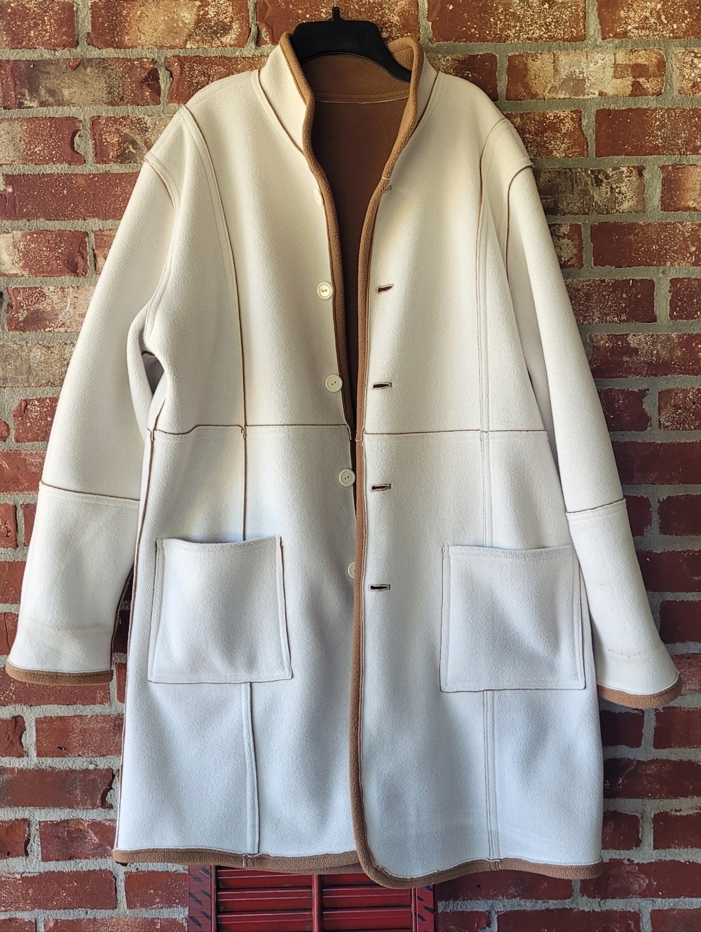 Reversible Womens Cream Coat with Camel/Tan Trim